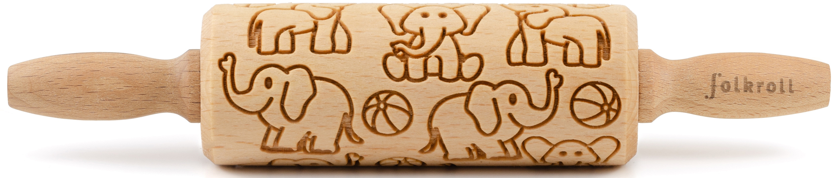 Teigroller FOLKROLL "Elefanten", braun (holzfarben), L:23cm Ø:4,5cm, Massivholz, Teigroller, Keksteig im Handumdrehen mit Motiv versehen Image