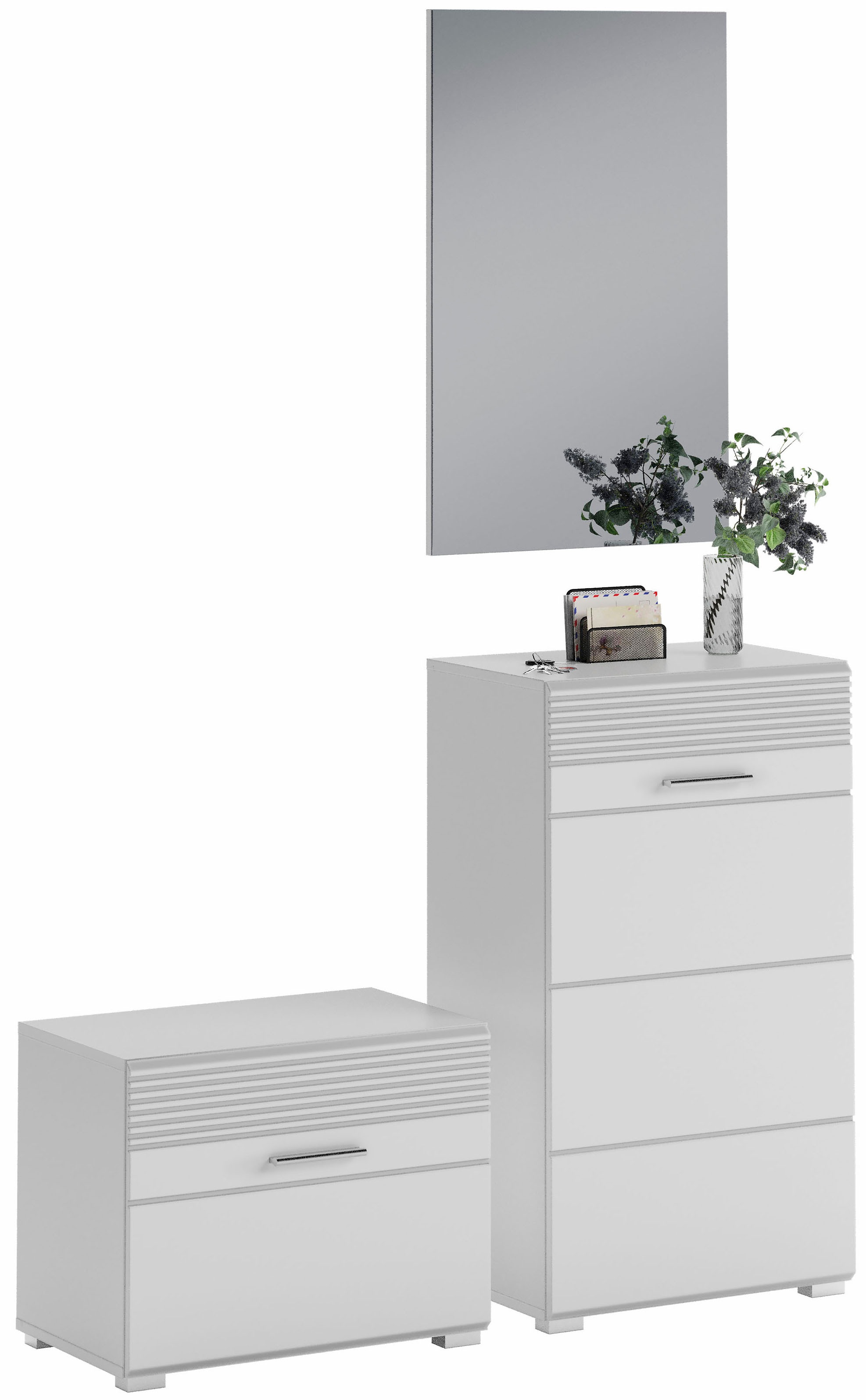 Garderoben-Set INOSIGN "Malmö, Breite 115cm, MDF Front mit Rillenfräsung, 3-teilig, best. aus:", weiß (korpus, front: weiß nb, weiß hochglanz tz), B:115cm H:197cm T:37cm, Kastenmöbel-Sets, Sitzbank, Schuhkommode & Garderobenspiegel