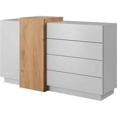 Furnix - Sideboard glanci mit 2 Türen und 4 Schubladen Weiß-Goldene Craft Eiche