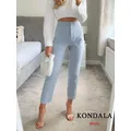 KONDALA-Pantalon Droit Bleu Clair Chic pour Femme Vêtement de Bureau Vintage Taille Haute