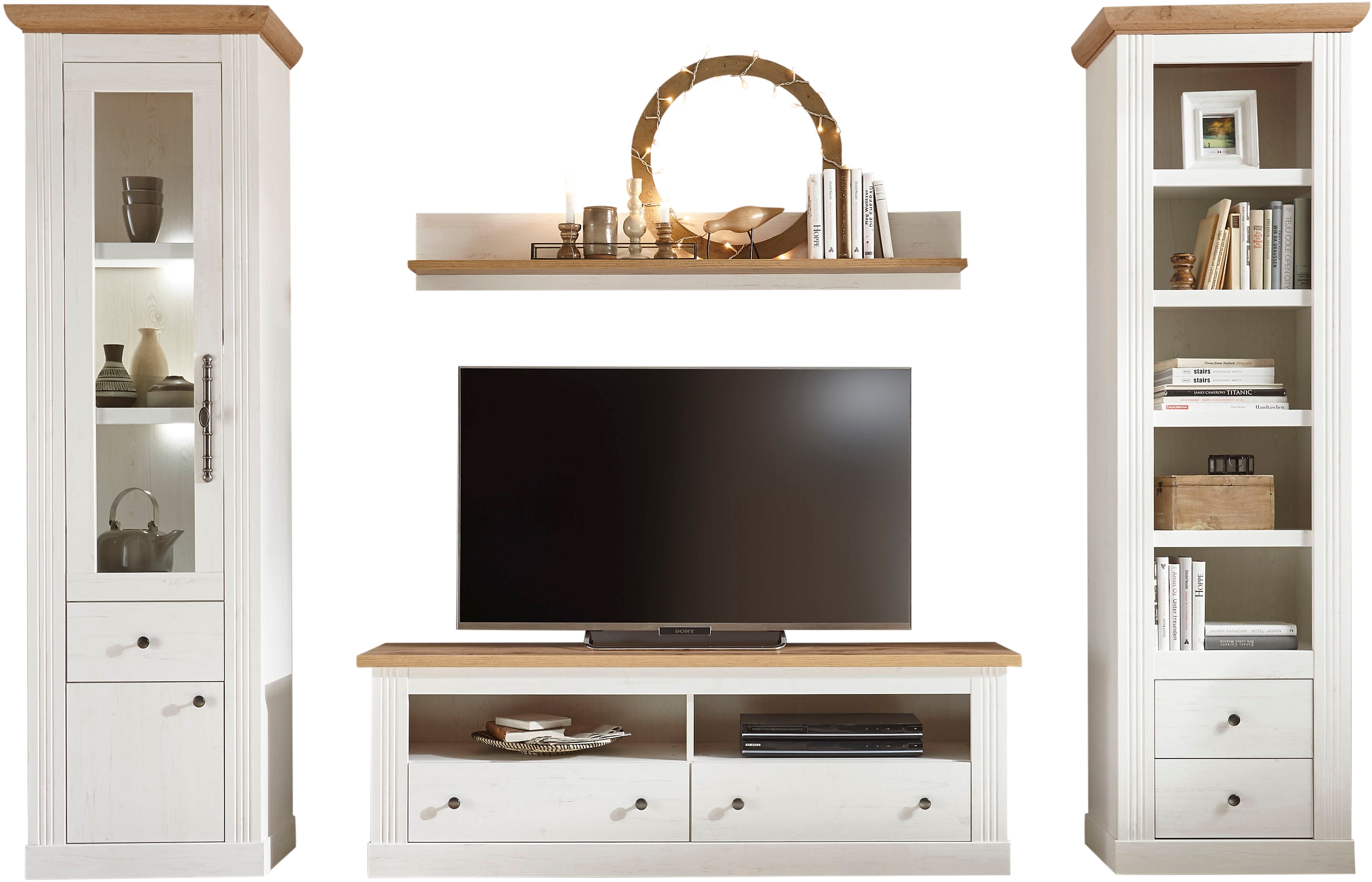 Wohnwand HOME AFFAIRE "Westminster TOPSELLER", weiß (pinie weiß, wotan eiche), B:315cm, Holzwerkstoff, Kastenmöbel-Sets, Holz Wohnwände Wohnwand, im romantischen Landhausstil