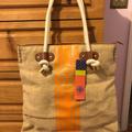 Tory Burch Bags | Authentic Nwt Tory Burch Burlap And Leather Stripe Shopper Tote | Color: Orange/Tan | Size: 16” Length X 16” Wide X 5” Depth