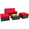 Costway 5 Pieces Patio Rattan Furniture Set with Cushioned Armless Sofa-Red