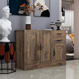 Wood Sideboard Storage Cabinet with 2 Drawers, 2 Cabinet and Black Metal Handles
