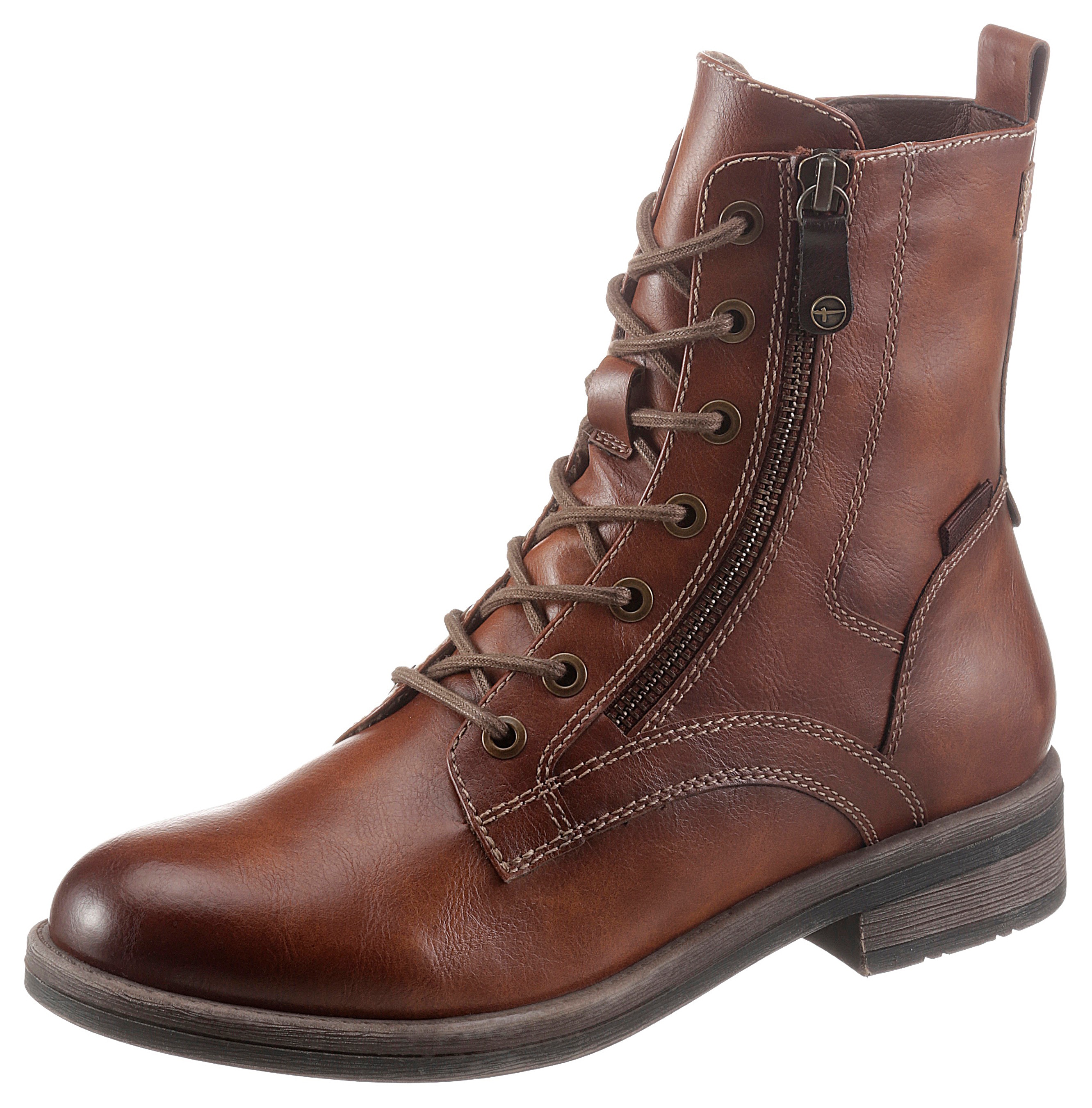 Schnürboots TAMARIS "SHAE", Damen, Gr. 37, braun (cognac), Lederimitat, Klassisch, Schuhe, Blockabsatz, Schnürboots Stiefelette mit Zierreißverschluss, Topseller