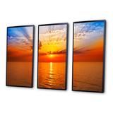 Rosecliff Heights Orange Sea Sunrise Under Blue Sky - 3 Piece Floater Frame Photograph on Canvas Canvas, in White | 28 H x 36 W x 1 D in | Wayfair