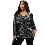 Plus Size Women's Striped Sequin Faux Wrap Top by June+Vie in Black Sequin Stripe (Size 10/12)