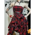 InsDoit-Robe gothique à carreaux rouge pour femme tenue de soirée sexy asymétrique style Lolita