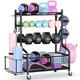 Mythinglogic Dumbbell Rack Stand, Multifunctional Weight Rack for Dumbbells, Yoga Mat, Fascia Roller, Kettlebell and Yoga Block, Powder-Coated Steel Dumbbell Stand with Wheels and Hooks