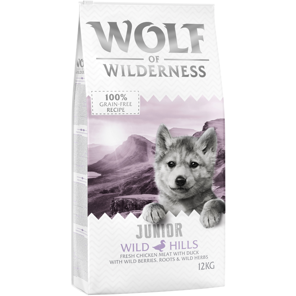 2 x 12 kg d'aliments pour chiot Junior Wild Hills Wolf of Wilderness aliments secs pour chien sans céréales