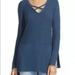 Free People Sweaters | Free People Criss Cross V-Neck Long Sleeve Knit Tunic Top Blue Side Slits Sz Xs | Color: Blue | Size: Xs