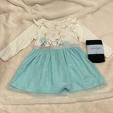 Disney Dresses | Bundle Of Girls Frozen Elsa Snow Queen Dress (To Re-Purpose) + Black Tights Nwt | Color: Blue/Cream | Size: 3tg