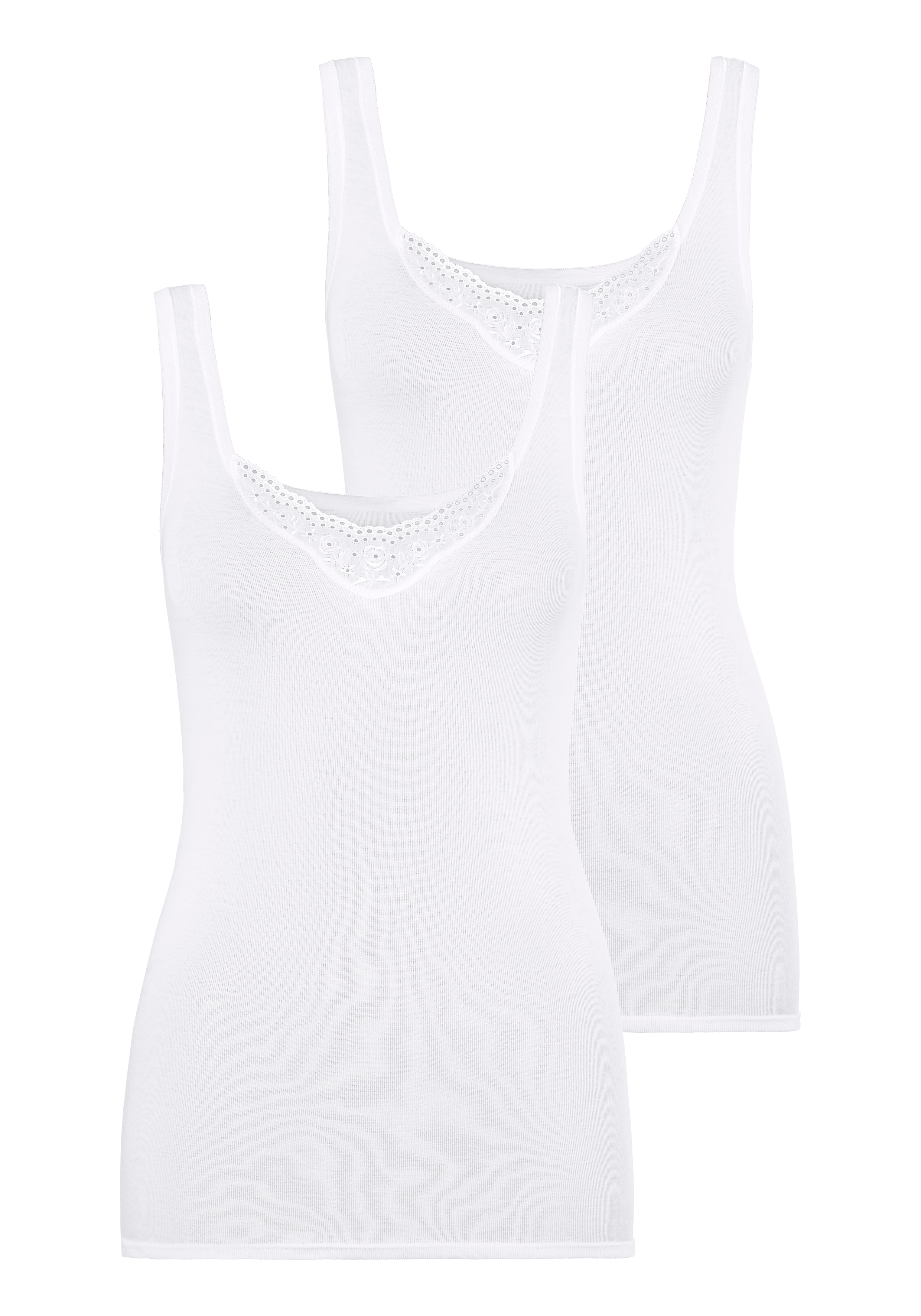 Unterhemd SCHIESSER "Cotton Essentials", Damen, Gr. 50, N-Gr, weiß (100, weiß), Feinripp, Obermaterial: 100% Baumwolle, unifarben, körpernah, Rundhals, Unterhemden Unterhemd, mit zwei unterschiedlichen Batist-Stickerei-Motiven