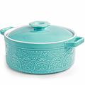 Elsjoy 2 Quart Ceramic Casserole Dish with Lid, 7.5 Inch Covered Casserole Pot Oven Safe Glazed Ceramic Baking Dish, Lace Emboss Bakeware Stew Pot for Soup, Dinner, Banquet, Non-Stick