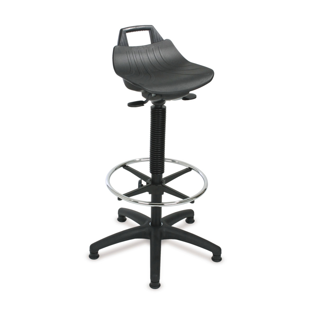 PROREGAL Stehhilfe Denver Hoch, Sitzhöhe 61-86cm, Ø63cm, Tragfähigkeit 110kg, Kunststoff-Fußkreuz, Fußring, Gleiter, Rückenstütze, Tragegriff, Schwarz Image