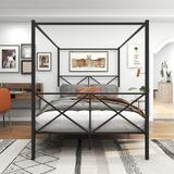 Queen Size Metal Canopy Platform Bed with X-Shaped Frame Headnboard and Footboard