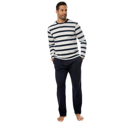 Pyjama H.I.S, Herren, Gr. 52/54 (L), bunt (navy, beige, navy, hellblau, gestreift), Jersey, Obermaterial: 100% Baumwolle, gestreift, Basic, bequem, Rundhals, Langarm abgesteppte Kante, Homewear-Sets, Schlafanzug in schöner Streifenoptik Image