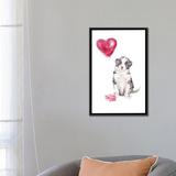 East Urban Home Happy Dog w/ Gift & Balloon by Wandering Laur - Gallery-Wrapped Canvas Giclée Print, in Black/Gray/Pink | Wayfair