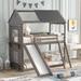 Twin Over Twin Bunk Bed Wood Bed with Roof and Window, Loft House Bed with Slide and Ladder