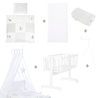 Stubenbett ROBA "Komplettwiegenset, Fox und Bunny", Baby, Gr. Liegefläche B/L: 40cm x 90cm, kein Härtegrad, weiß, Holz, Textil, Babybetten, mit Komplettausstattung