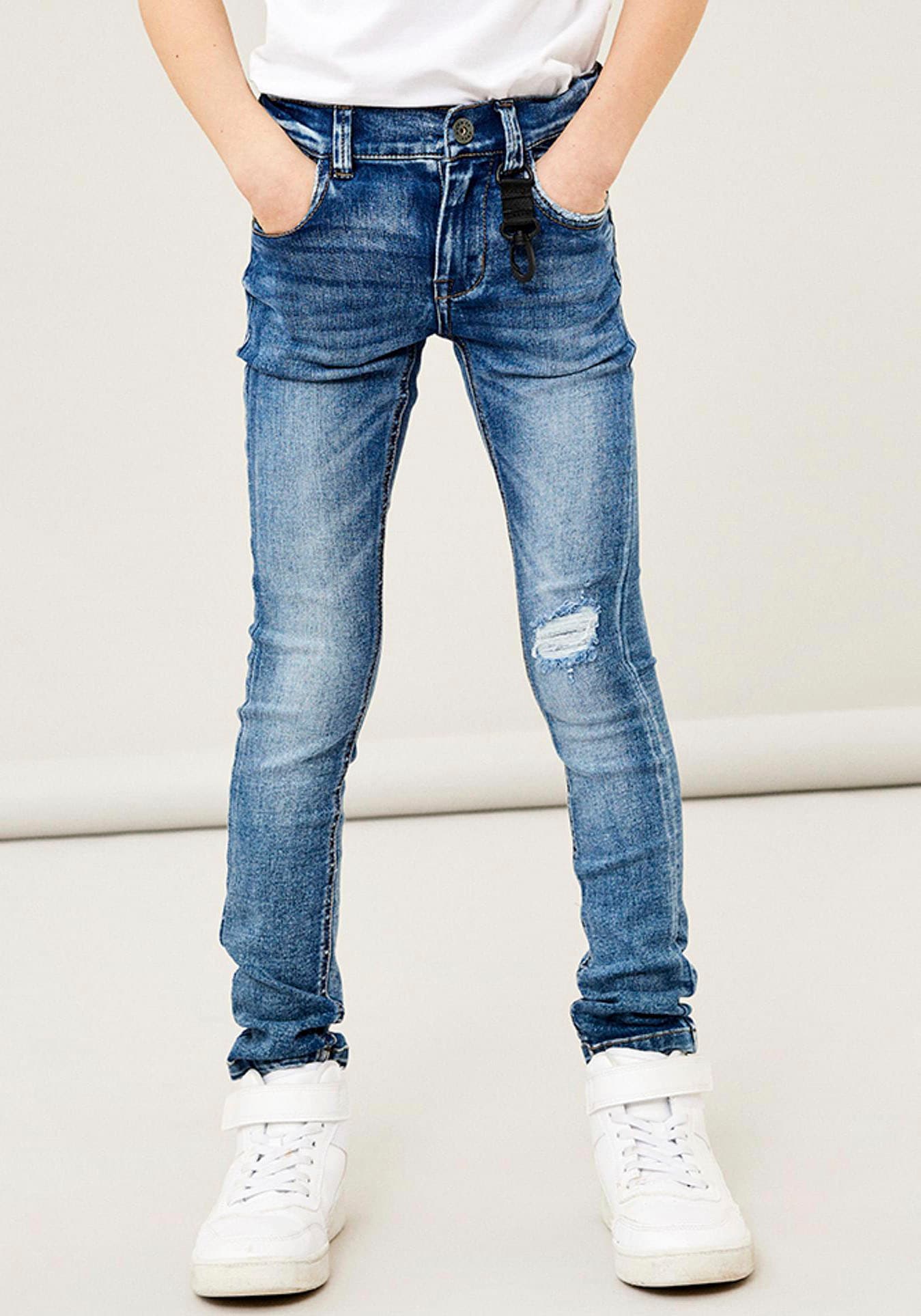 Stretch-Jeans NAME IT "NKMPETE DNMTONSON", Jungen, Gr. 158, N-Gr, blau (medium blau denim), Denim/Jeans, Obermaterial: 74% Baumwolle, 24% Polyester, 1% Elasthan, 1% Viskose, Abriebeffekte, Casual, skinny fit normal, Jeans Image