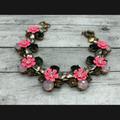 J. Crew Jewelry | J Crew Gold Tone Bracelet Pink Flowers Black & Crystal Rhinestones 7” | Color: Gold/Pink | Size: 7”