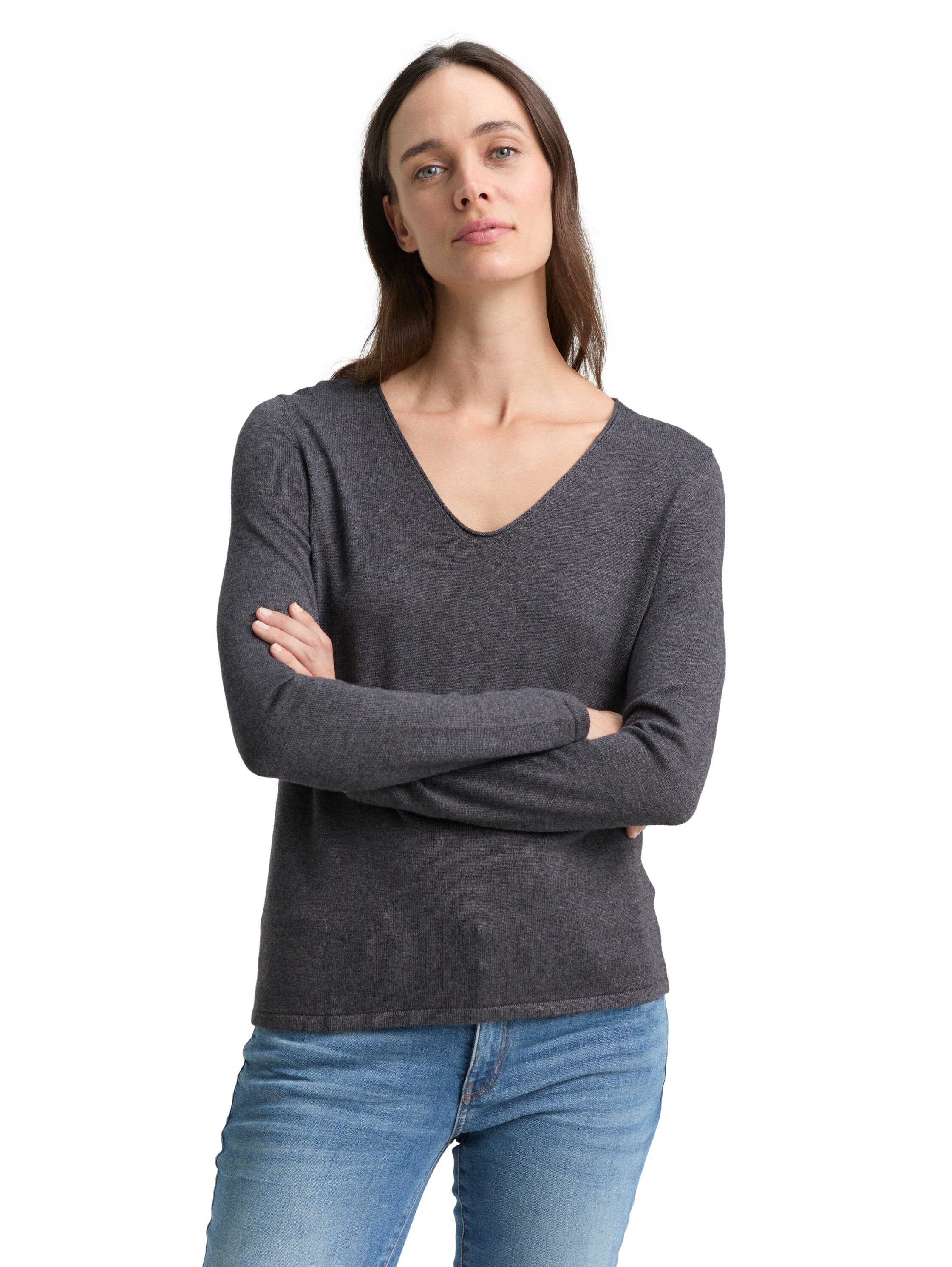 V-Ausschnitt-Pullover TOM TAILOR, Damen, Gr. XXL (44), grau (anthrazit meliert), Feinstrick, Obermaterial: 60% Baumwolle, 40% Viskose, unifarben, figurbetont hüftlang, V-Ausschnitt, eng Flachstrickbündchen, Pullover, aus Feinstrick