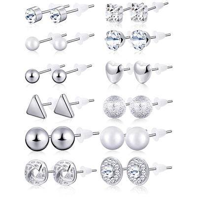 Earring Set 12 Pairs of Zircon Crystal Pearl Mixed Earring for Women and Girls (Silver)
