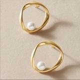 Anthropologie Jewelry | Last! Gold Hoop Minimalist Pearl Style Stud Back Earrings | Color: Gold/Silver | Size: Os