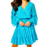 Lilly Pulitzer Dresses | Lilly Pulitzer Heline Ruffle Dress Turquoise Oasis Viscose Metallic Dobby Sz 8 | Color: Blue/Silver | Size: 8