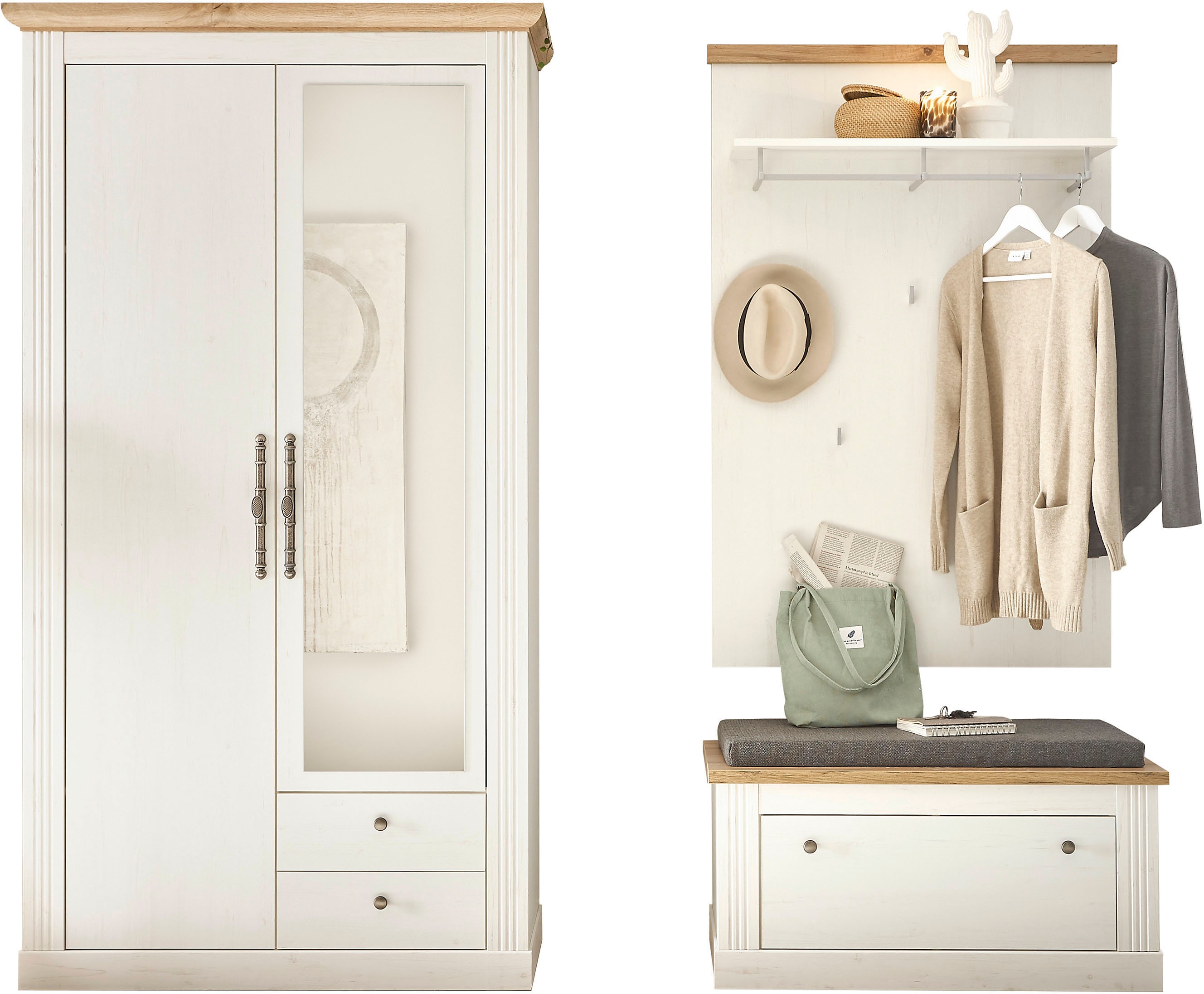 Garderoben-Set OTTO HOME "WESTMINSTER TOPSELLER", weiß (pinie weiß, wotan eiche), B:220cm H:203cm T:46cm, Kastenmöbel-Sets, im romantischen Landhausstil