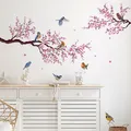 Autocollants muraux en pvc à fleurs de pêche rose branches d'oiseaux fleurs pour chambre à