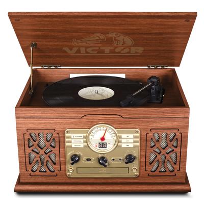 Victor State 7-in-1 Wood Music Center with 3-Speed Turntable and Dual Bluetooth