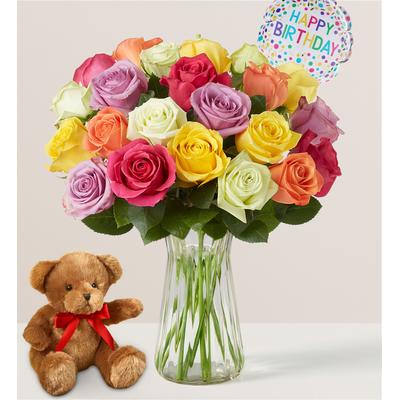 1-800-Flowers Flower Delivery Happy Birthday Assorted Roses 24 Stems W/ Clear Vase & Bear | Same Day Delivery Available