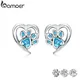 Bamoer-Boucles d'oreilles patte de cristal bleu pour filles forme de cœur empreinte CZ clous