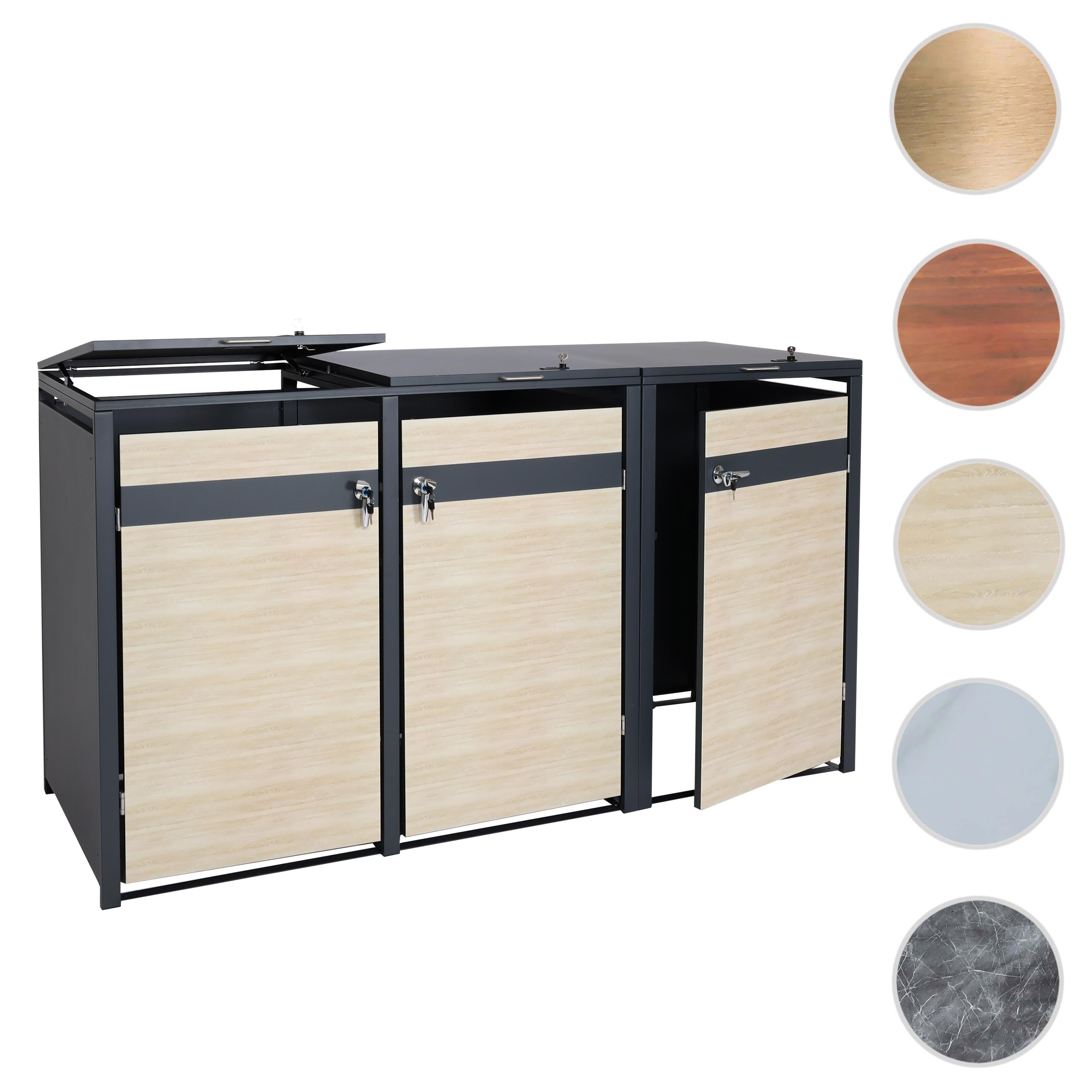 3er Mülltonnenverkleidung HWC-J82, Mülltonnenbox, erweiterbar, Metall 80kg, anthrazit ~ Kirsche-Holzoptik dunkelbraun Image