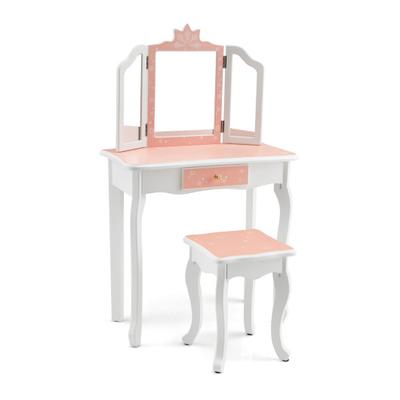 Costway Princess Vanity Table and Chair Set with Tri-Folding Mirror and Snowflake Print-Pink