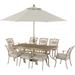 Hanover Traditions 9-Piece Dining Set with 8 Stationary Chairs and 42-In. x 84-In. Table, 11-Ft. Umbrella, and Stand, Sand