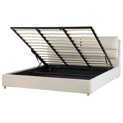 Polsterbett aus Samtstoff Beige 180 x 200 cm mit Bettkasten hochklappbar Doppelbett Elegantes Modernes Design