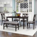 6-Piece Kitchen Dining Table Set Wooden Rectangular Dining Set with 4 Fabric Chairs and 1 Bench Family Dining Room Furniture