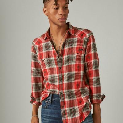 Lucky Brand Plaid Dobby Western Long Sleeve Shirt - Men's Clothing Outerwear Shirt Jackets in Red Plaid, Size XL