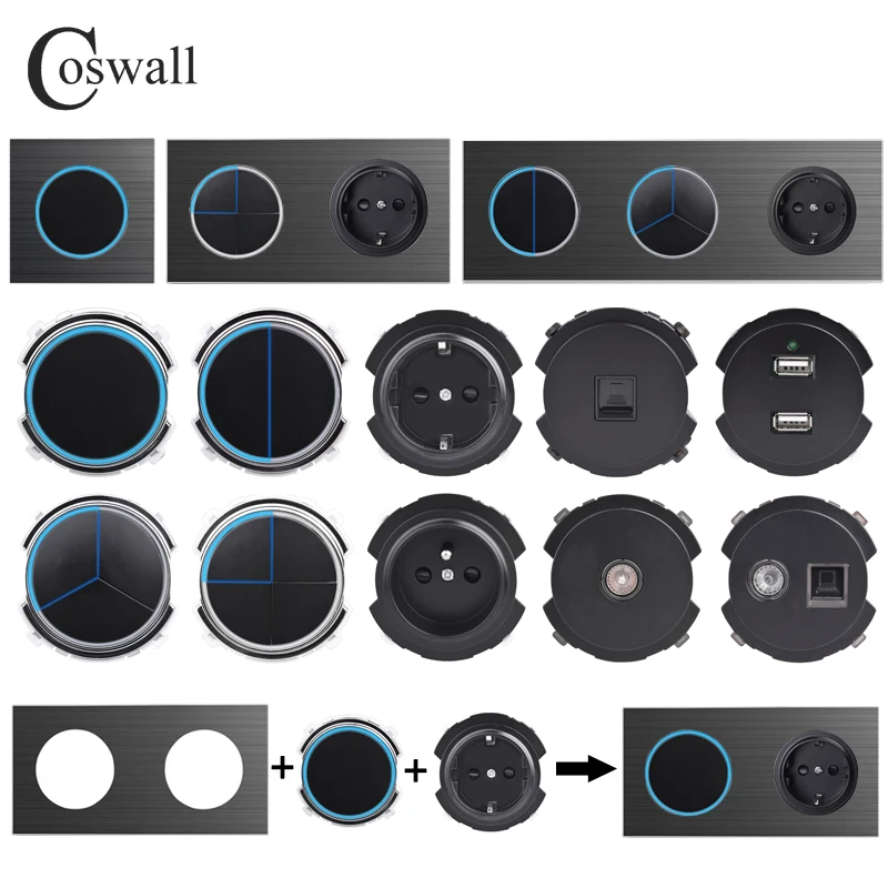 COSWALL-Joli d'éclairage mural série LB, panneau en aluminium brossé noir, marche, arrêt, rétroéclairage à grande ouverture, technologie de bricolage, bleu