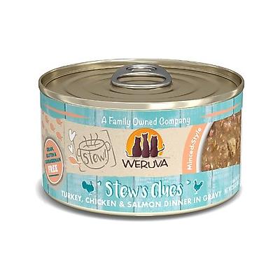 Weruva Classic Cat Stew's Clues Turkey, Chicken & Salmon in Gravy Stew Wet Canned Cat Food, 2.8-oz can, case of 12
