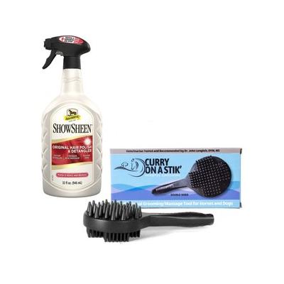 Curry on a Stik Horse & Dog Grooming Brush + Absorbine Showsheen Original Hair Polish & Detangler Horse Spray, 32-fl oz bottle