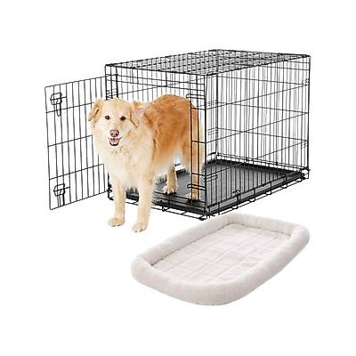 Frisco Heavy Duty Fold & Carry Single Door Collapsible Wire Dog Crate, 36 inch & Frisco Quilted Dog Crate Mat, Ivory, 36-in