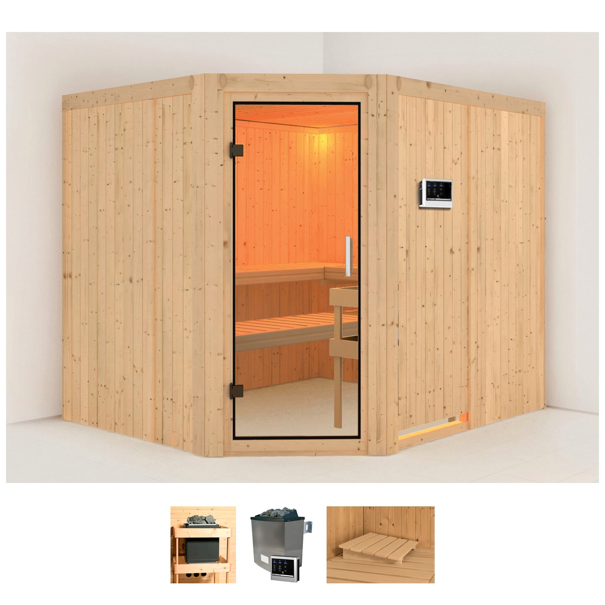 Sauna KARIBU "Marit", beige (naturbelassen), Saunaofen, externe Steuerung, 9 kW, Saunen, Ofen 9 KW externe Strg easy Image
