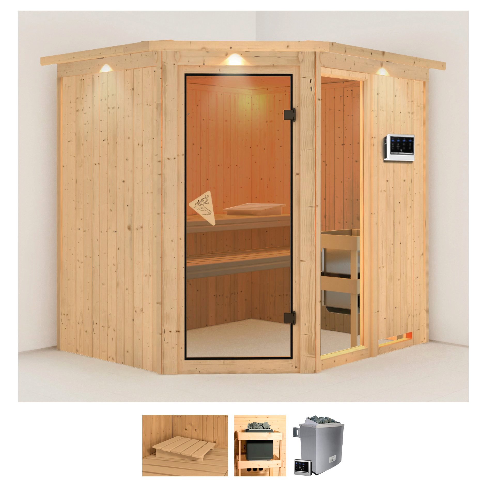 Sauna KARIBU "Frigga 2", beige (naturbelassen), Bio-Kombiofen, externe Steuerung, 9 kW, Saunen, 9-kW-Bio-Ofen mit externer Steuerung Image
