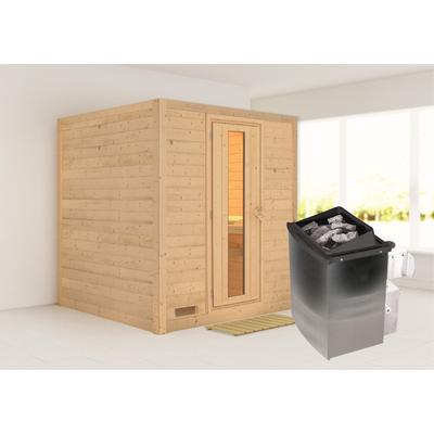 Sauna KARIBU "Menja", beige (naturbelassen), Saunaofen, integrierte Steuerung, 9 kW, Saunen, 9-kW-Ofen mit integrierter Steuerung