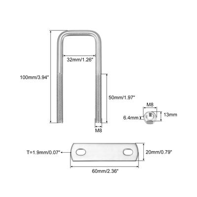 Square U-Bolts, 304 Stainless Steel U Clamp Bolt with Nuts and Plates for Boat Trailer