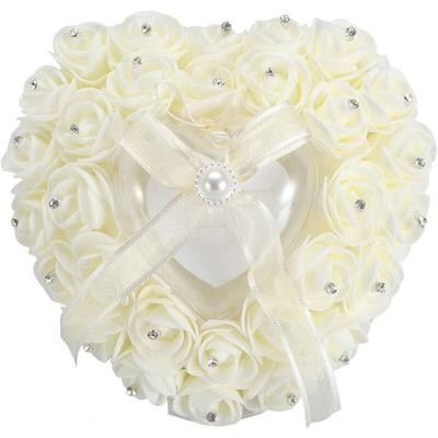 Wedding Ring Pillow, Romantic Heart-Shaped Wedding Ring Box Rose Rhinestone Decoration Ring Cushion